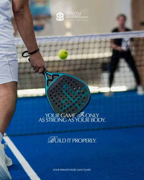Player at the net holding a racket — 'Your game is only as strong as your body'
